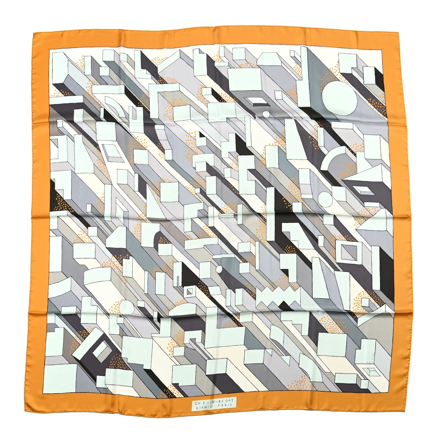 Hermes Silk On a Summer Day Shawl 140 Ocre Gris Bleu Glacier 1 of 5