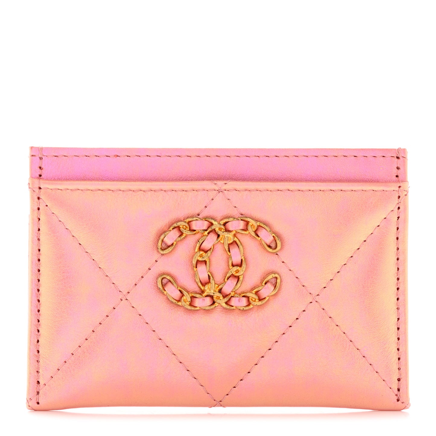 Iridescent Calfskin Quilted Chanel 19 Card Holder Pink