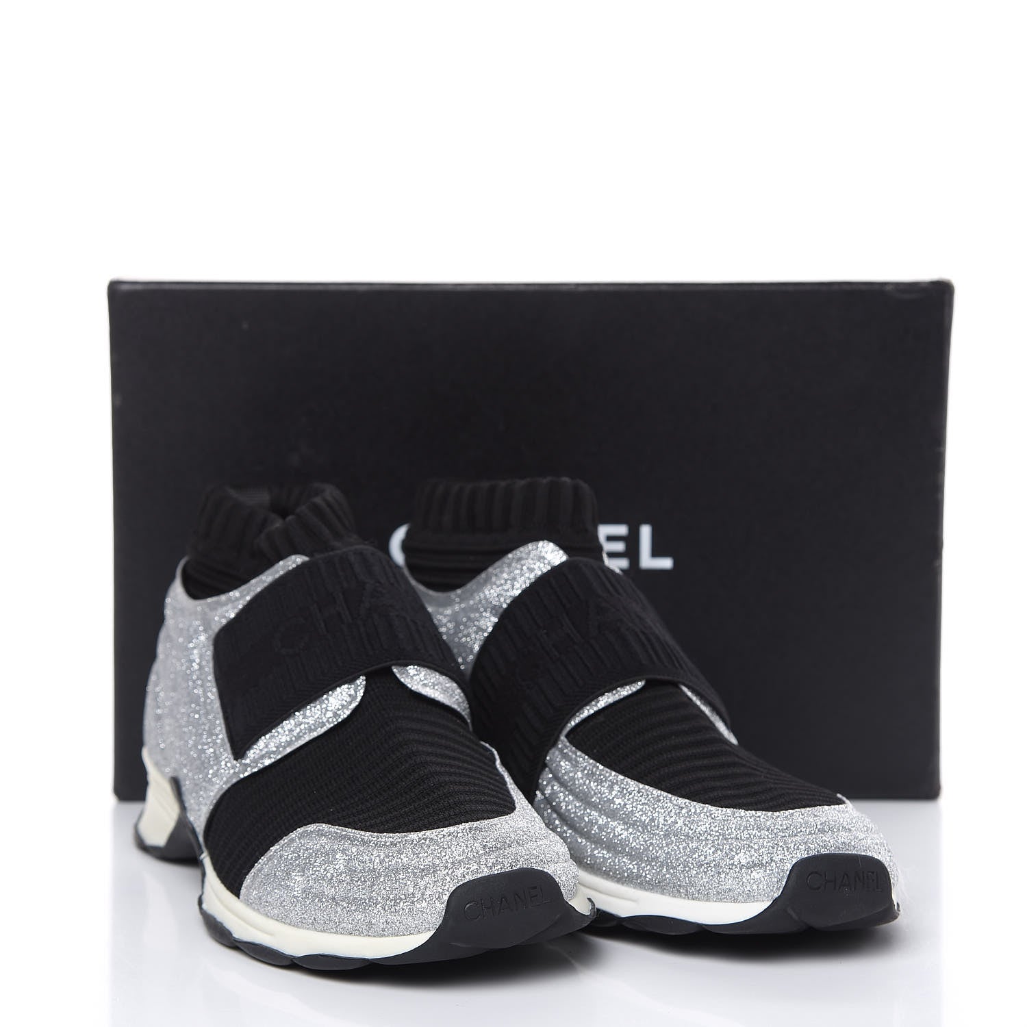 Chanel Glitter Stretch Fabric CC Sneakers 40 Black Silver 9 of 9