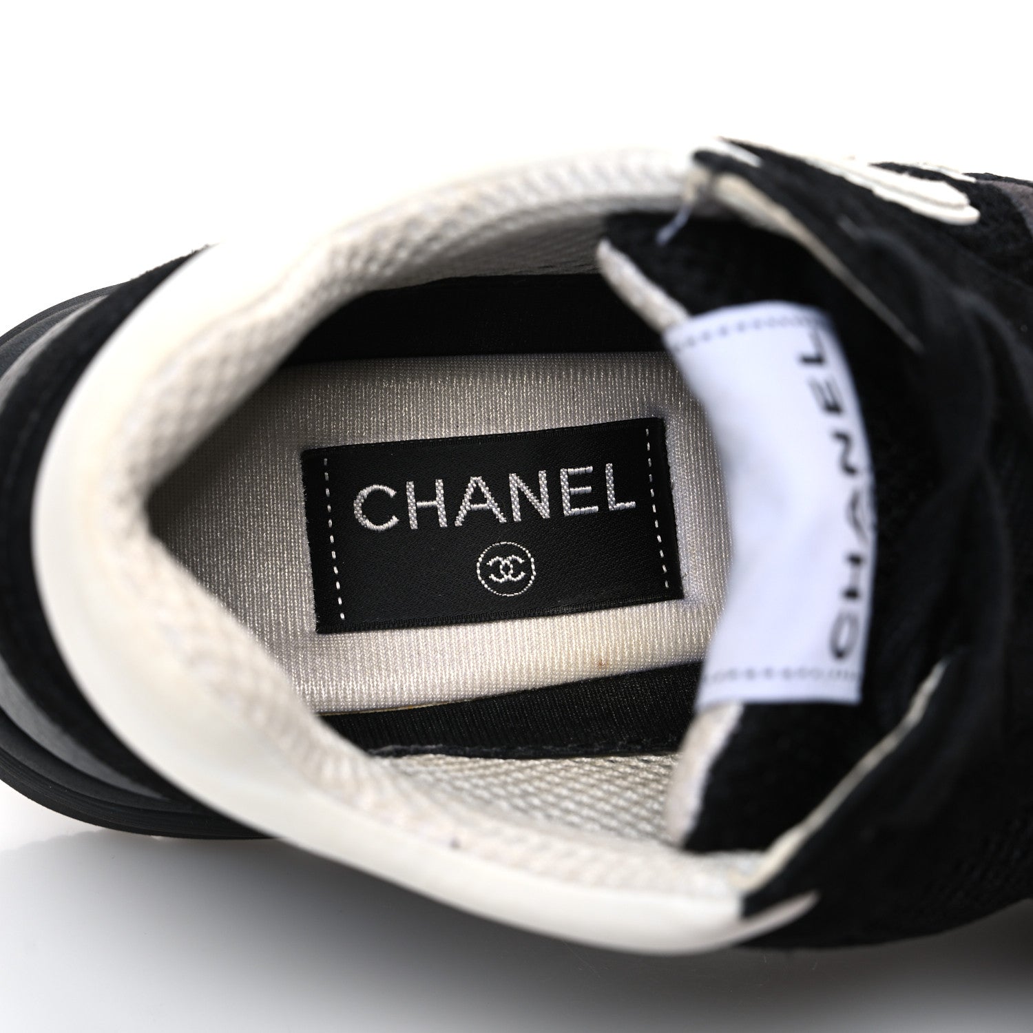 Chanel Mesh Suede Grained Calfskin Womens CC Sneakers 37.5 Black White 9 of 10