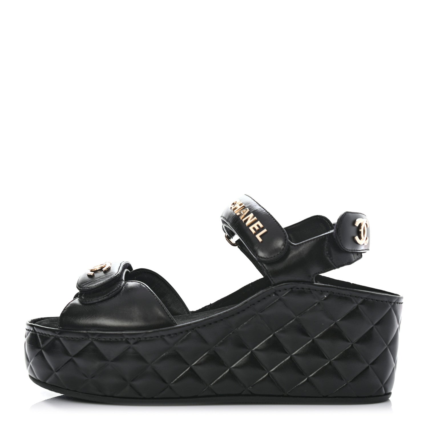 Chanel Shiny Calfskin Logo Platform Sandals 37 Black 1 of 8