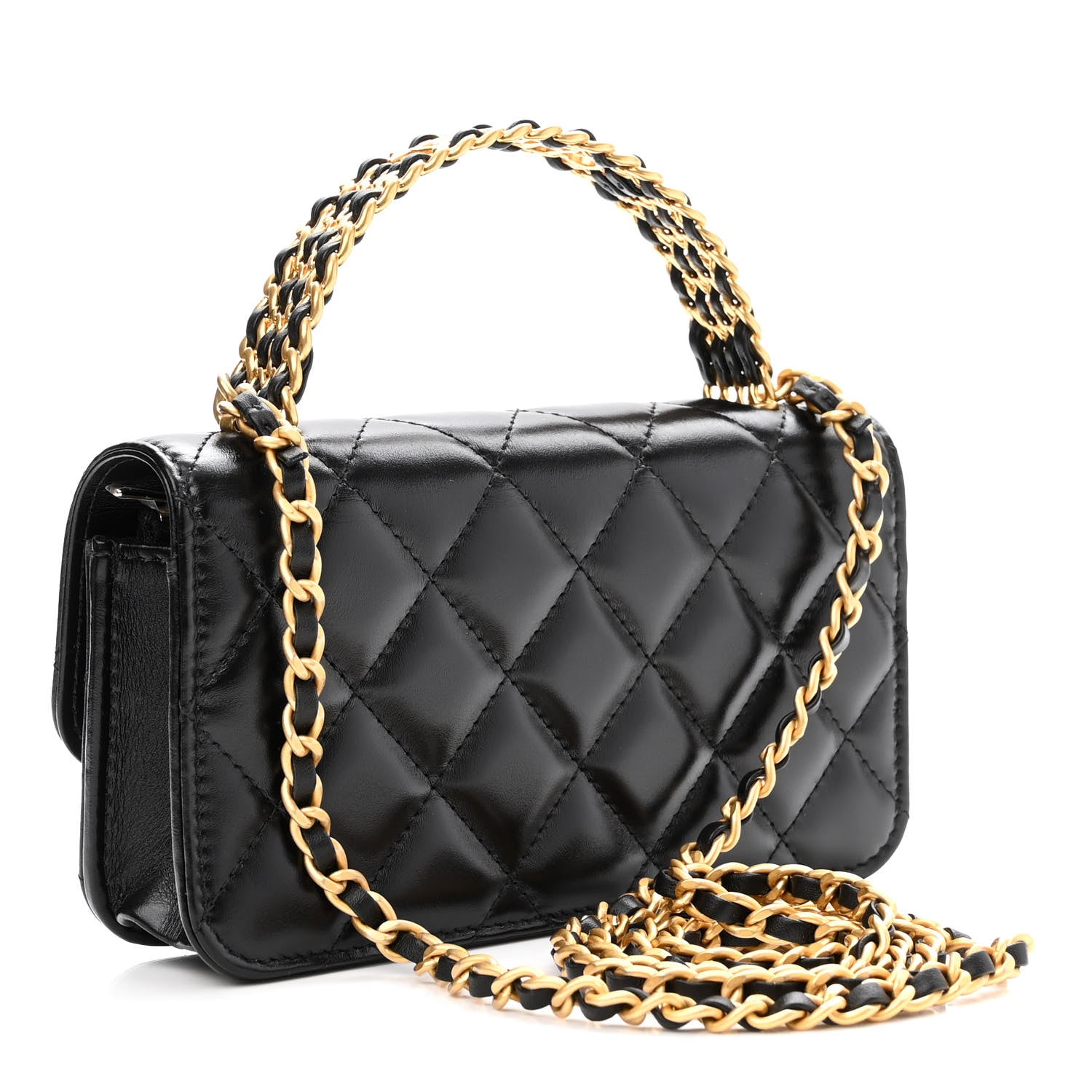 Chanel Shiny Calfskin Quilted Top Handle Flap Phone Holder With Chain Black 2 of 10