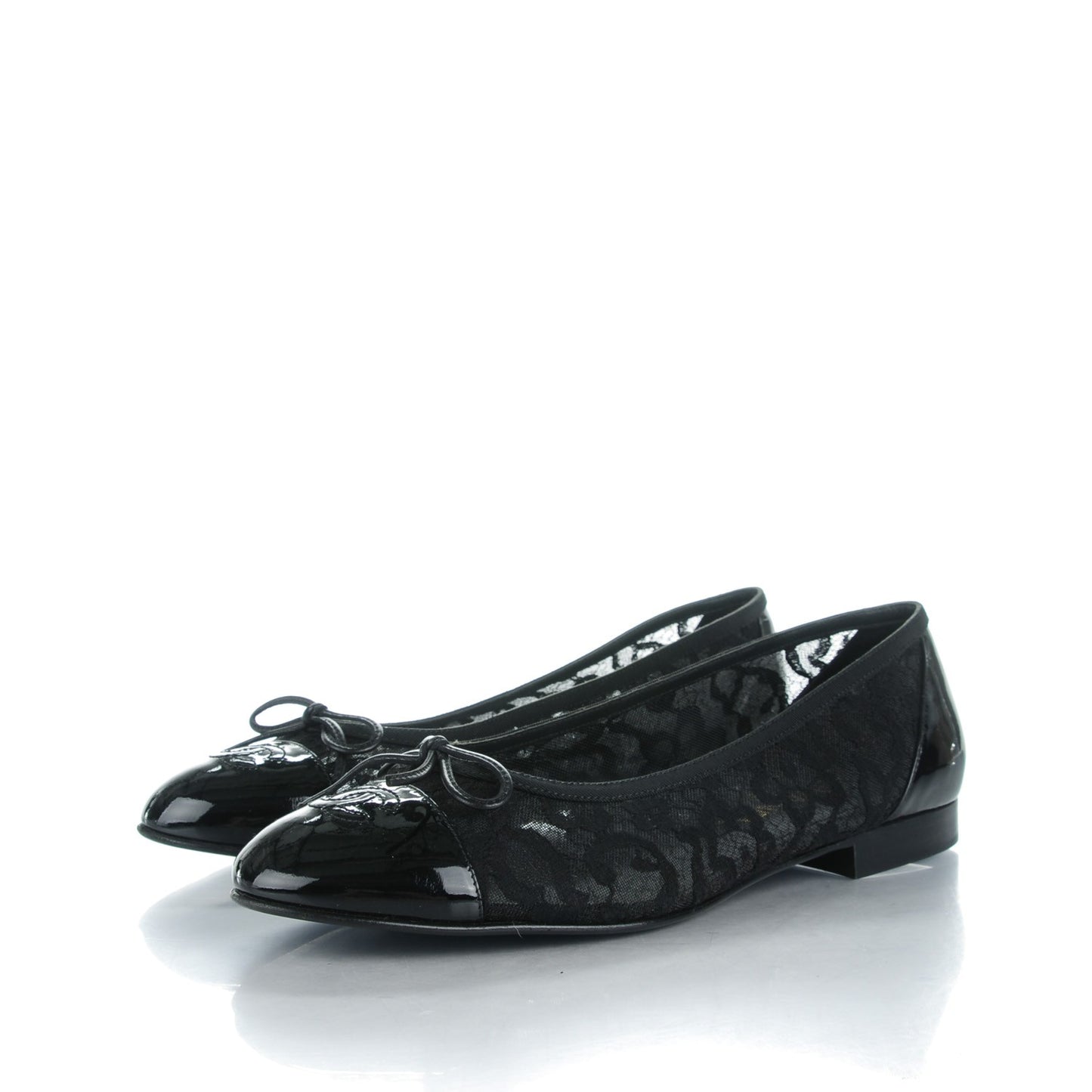 Lace Patent Calfskin Cap Toe CC Ballerina Flats 39.5 Black