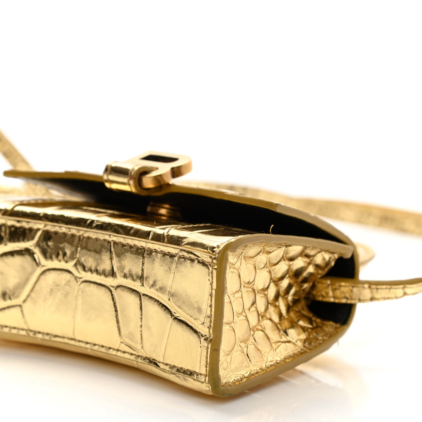Metallic Calfskin Crocodile Embossed Hourglass Top Handle Bag Mini Gold