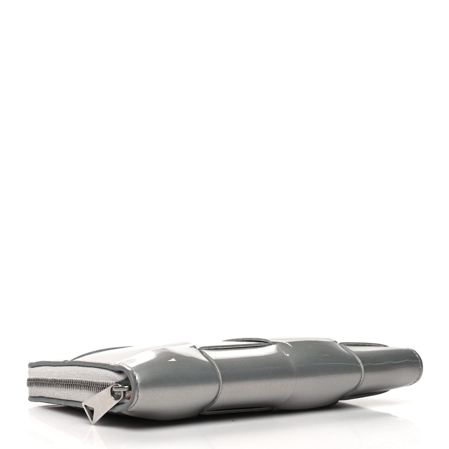 Metallic Patent Calfskin Maxi Intrecciato Zip Around Wallet Silver