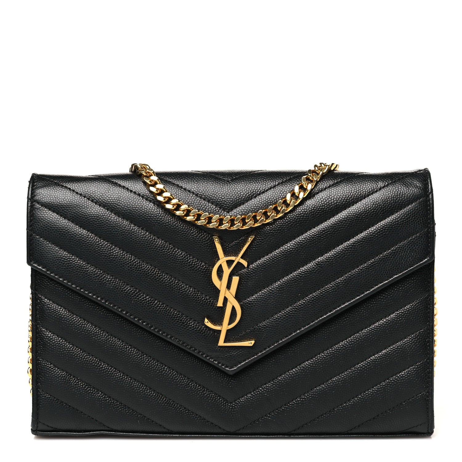 Saint Laurent Grain De Poudre Matelasse Chevron Monogram Chain Wallet Black 1 of 11
