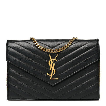 Saint Laurent Grain De Poudre Matelasse Chevron Monogram Chain Wallet Black 1 of 11