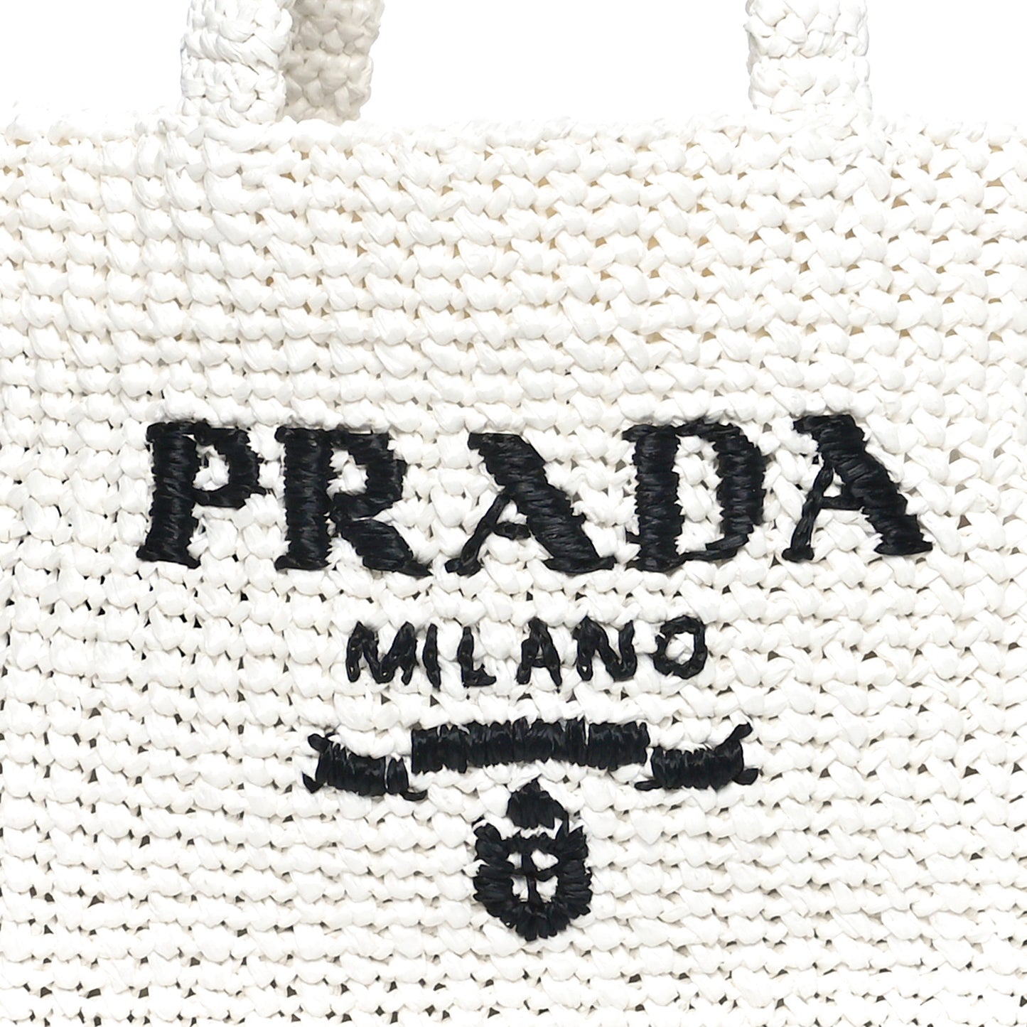 Yarn Raffia Effect Crochet Embroidered Small Logo Tote White