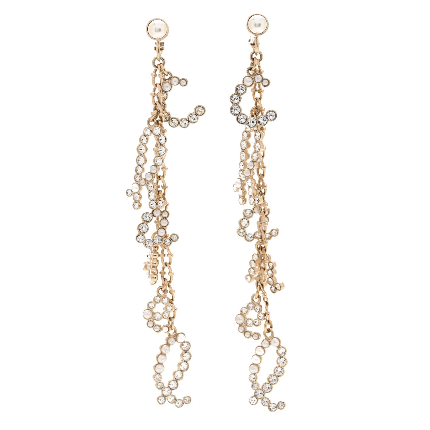 Chanel Crystal Pearl Drop Letter Earrings Gold 1 of 4