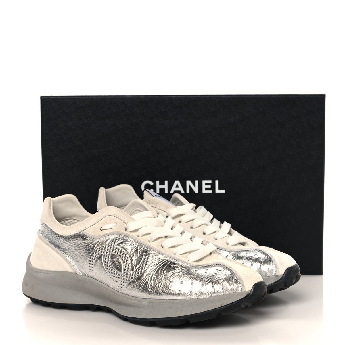 Chanel Laminated Calfskin Suede CC Sneakers 39.5 Silver Light Grey 9 of 9