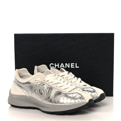 Chanel Laminated Calfskin Suede CC Sneakers 39.5 Silver Light Grey 9 of 9