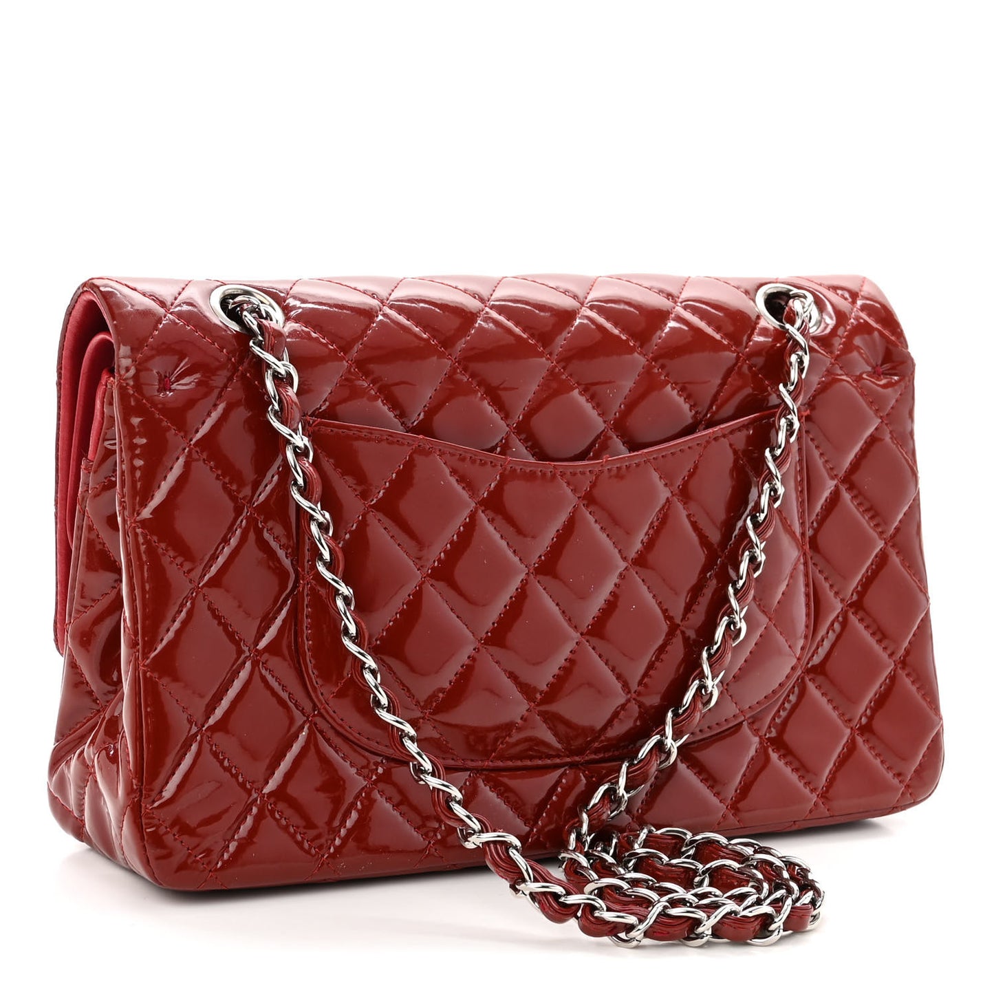 Patent Calfskin Quilted Medium Double Flap Dark Red