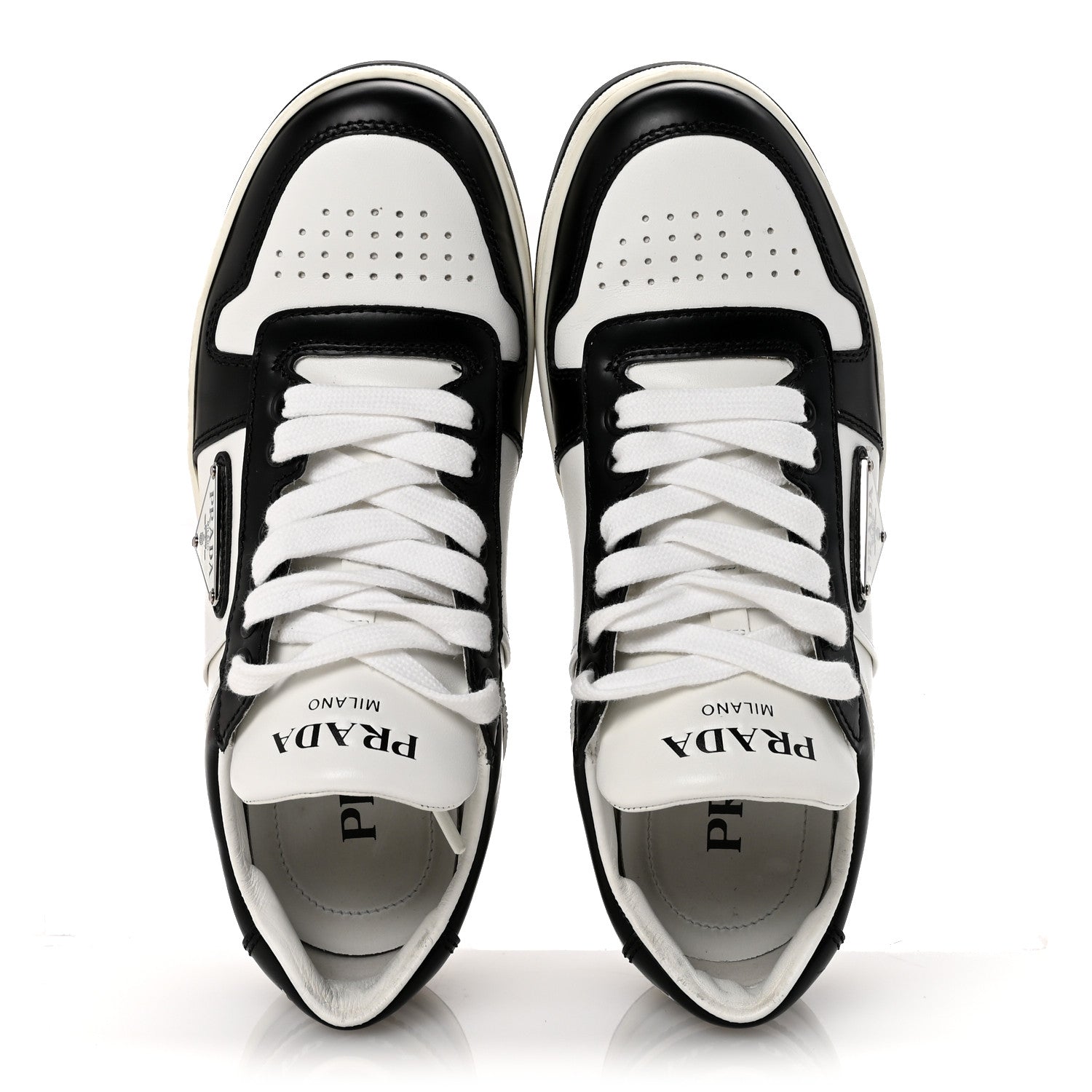Prada Vitello Sport Spazzolato Rois Triangle Logo Womens Downtown Low Top 30mm Sneakers 37.5 White Black 2 of 10