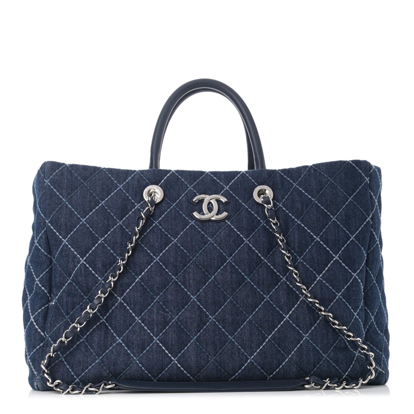Denim Quilted Large Coco Handle Shopping Tote Blue