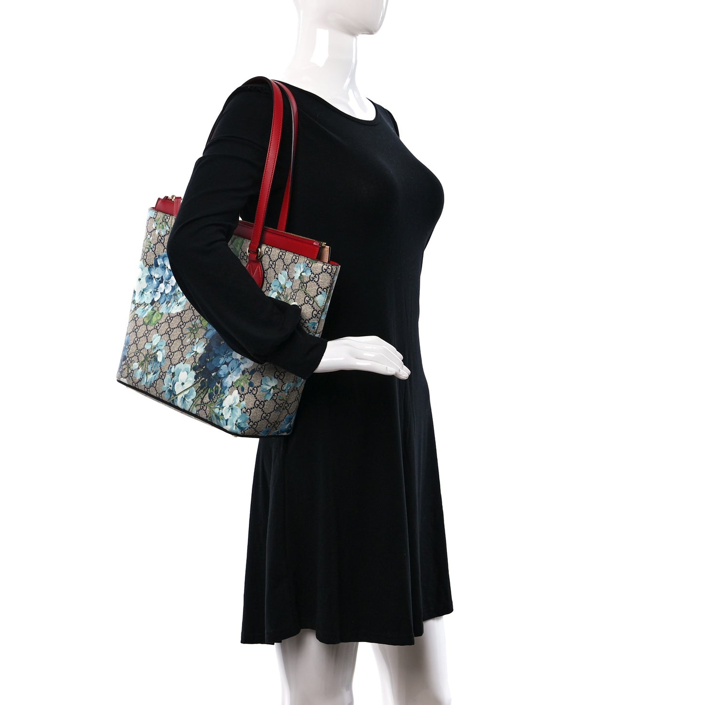 GG Supreme Monogram Blooms Medium Zippered Bucket Tote Beige Blue Navy Hibiscus Red