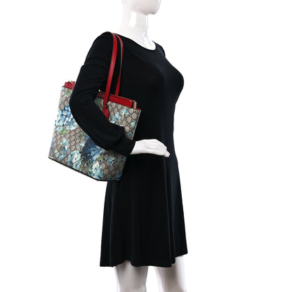 Gucci GG Supreme Monogram Blooms Medium Zippered Bucket Tote Beige Blue Navy Hibiscus Red 2 of 9