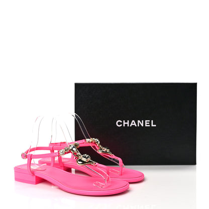 Chanel Shiny Lambskin Pearl Crystal CC Heart Thong Sandals 39 Neon Pink 8 of 8