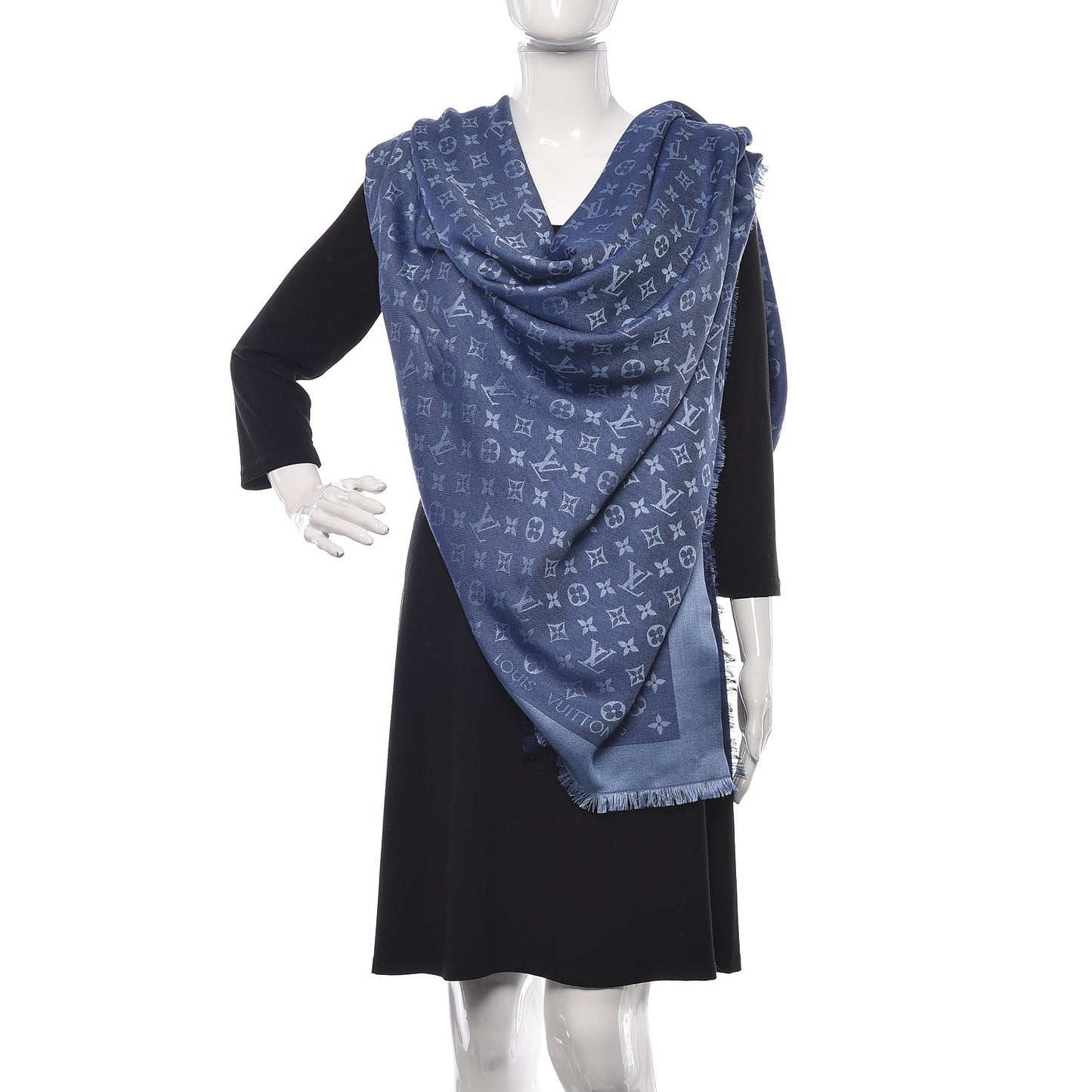 Silk Wool Monogram Shawl Blue
