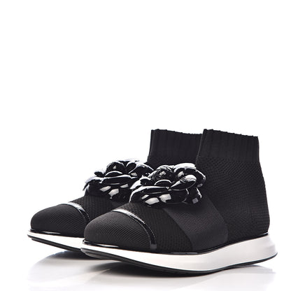 Chanel Knit Patent Calfskin Womens High Top Camellia Sneakers 36.5 Black 3 of 9