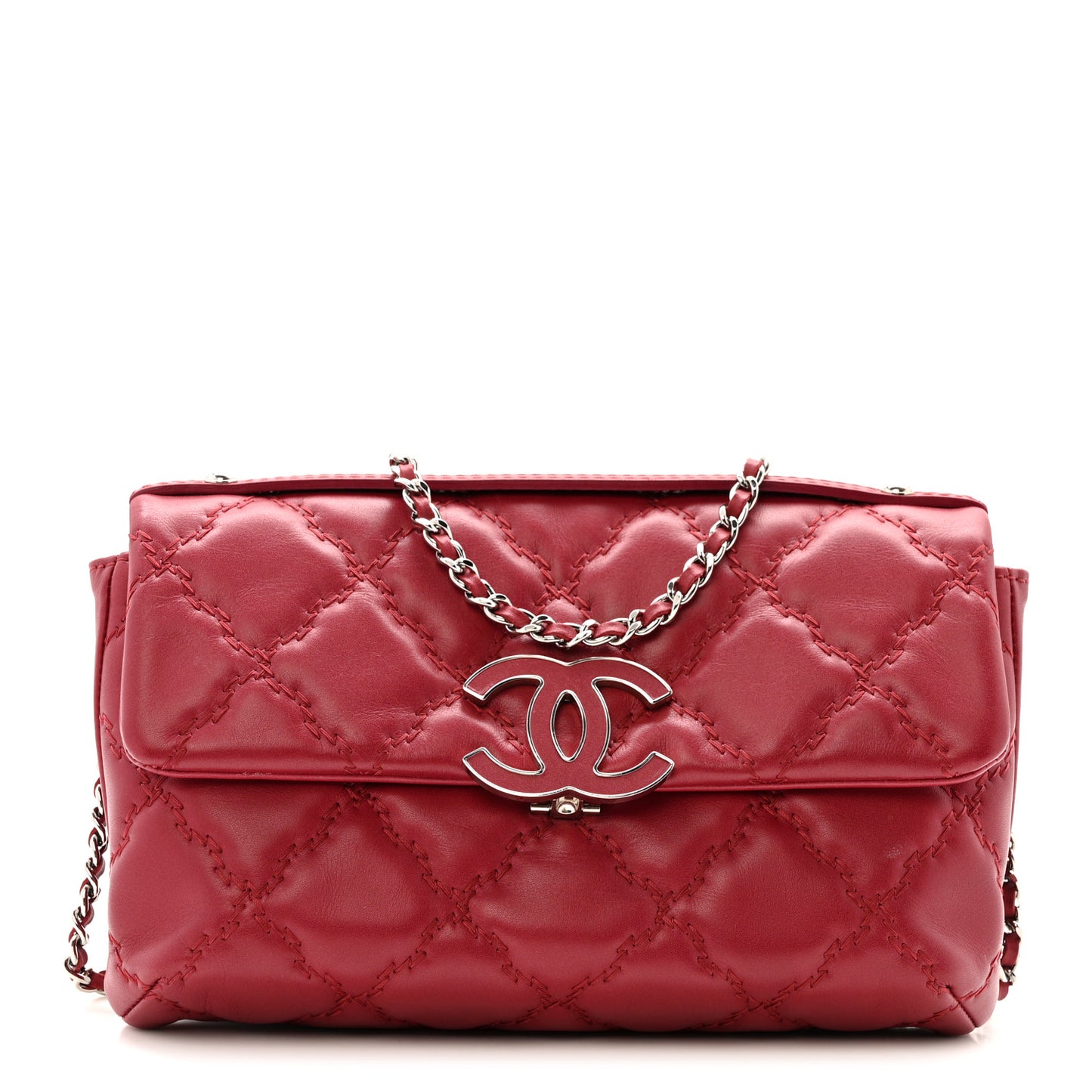 Calfskin Quilted Double Stitch Hamptons Clutch with Chain Red Red