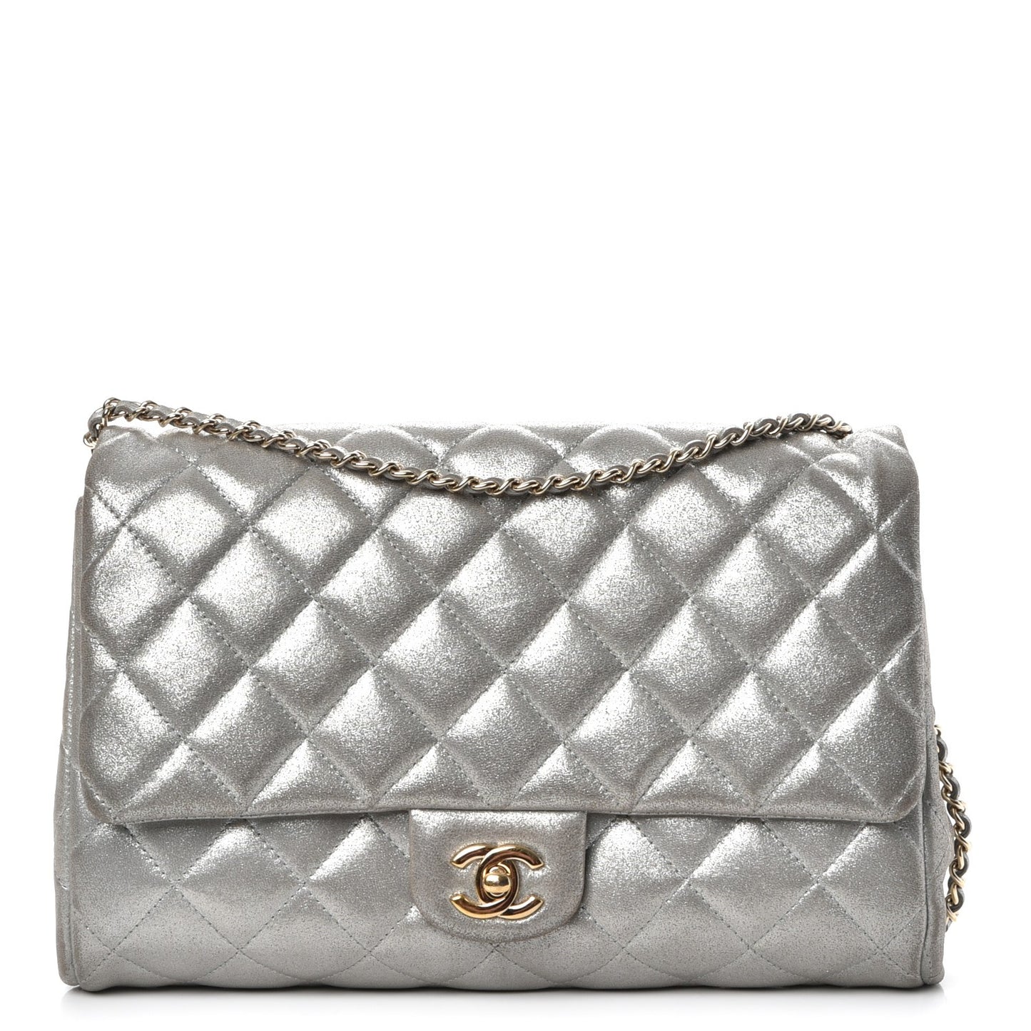 Iridescent Calfskin Clutch With Chain Flap Silver