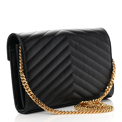 Saint Laurent Grain De Poudre Matelasse Chevron Monogram Chain Wallet Black 3 of 13