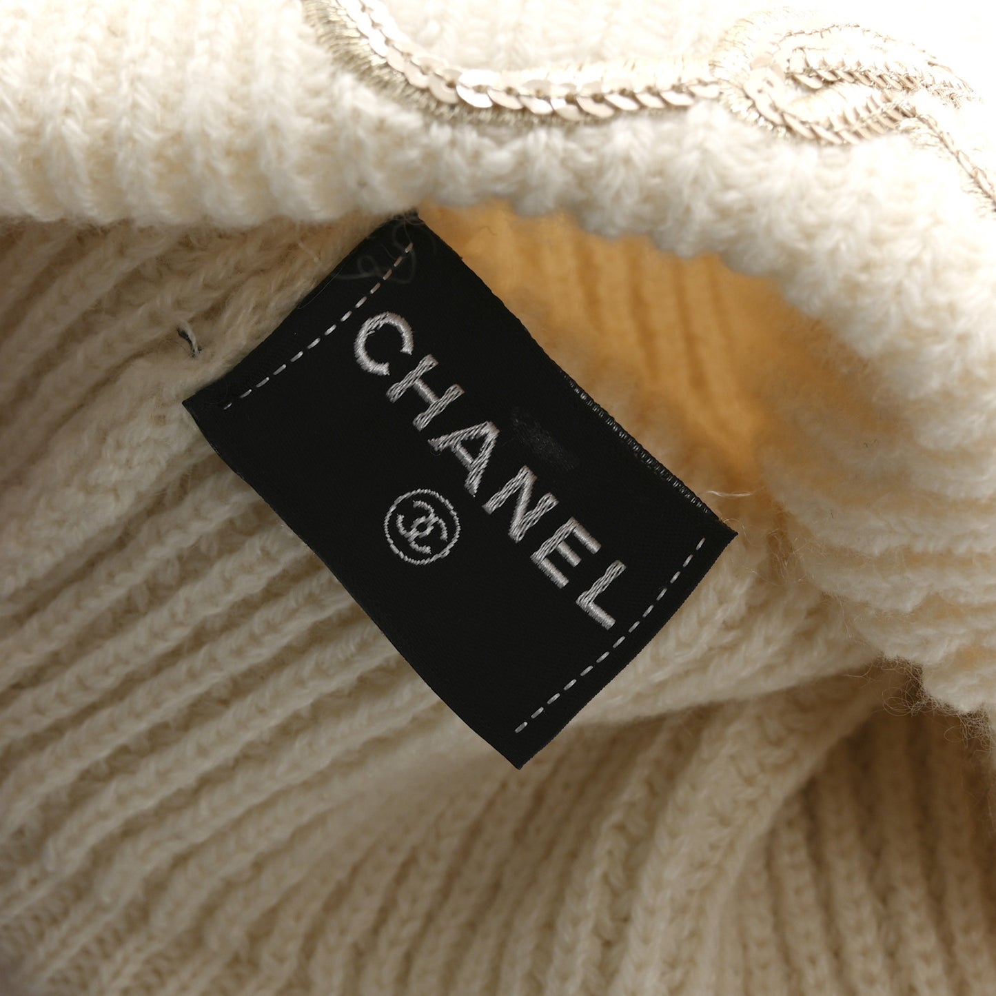 Cashmere Sequin Logo Beanie Hat Ivory Gold