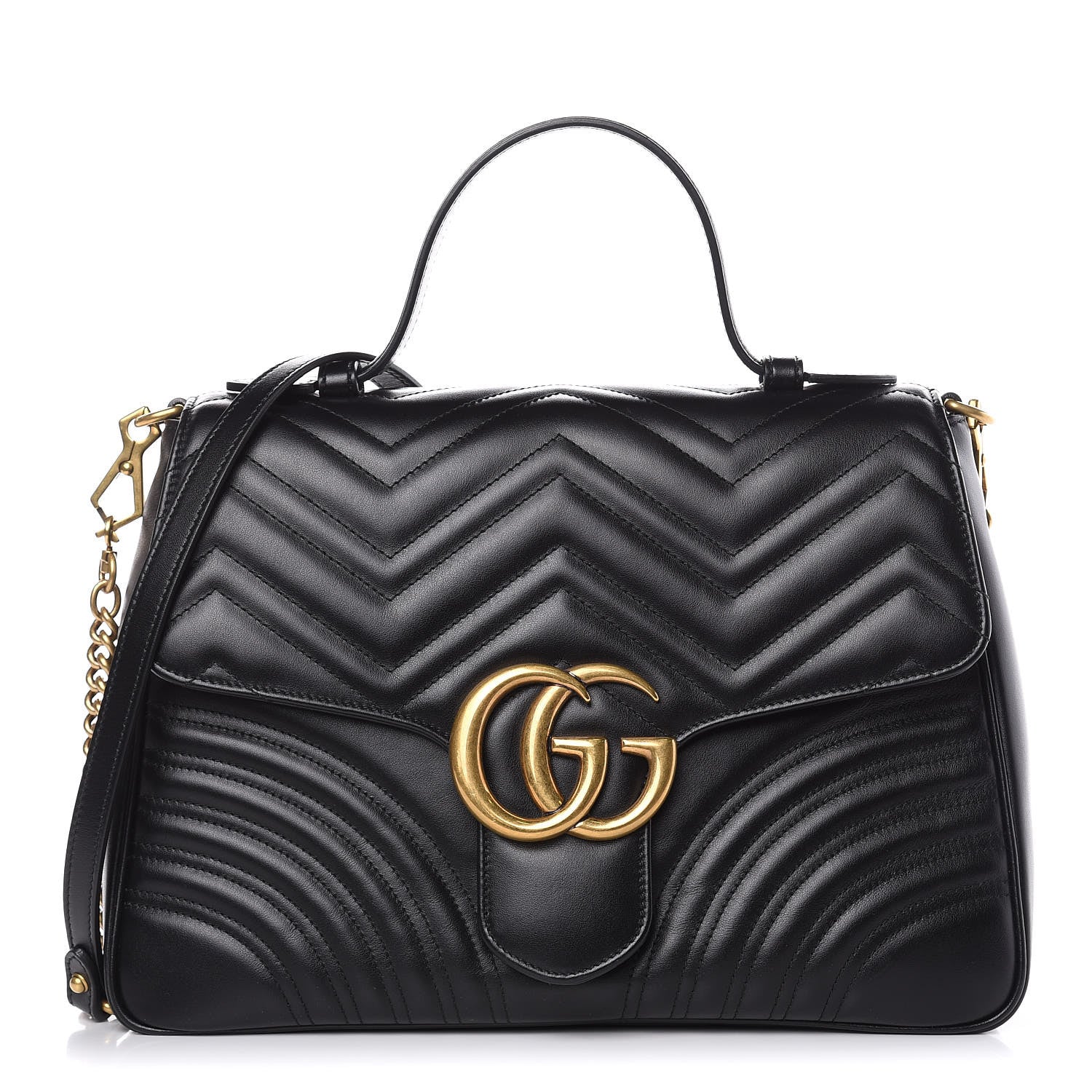 Gucci Calfskin Matelasse Medium GG Marmont Top Handle Shoulder Bag Black 1 of 11
