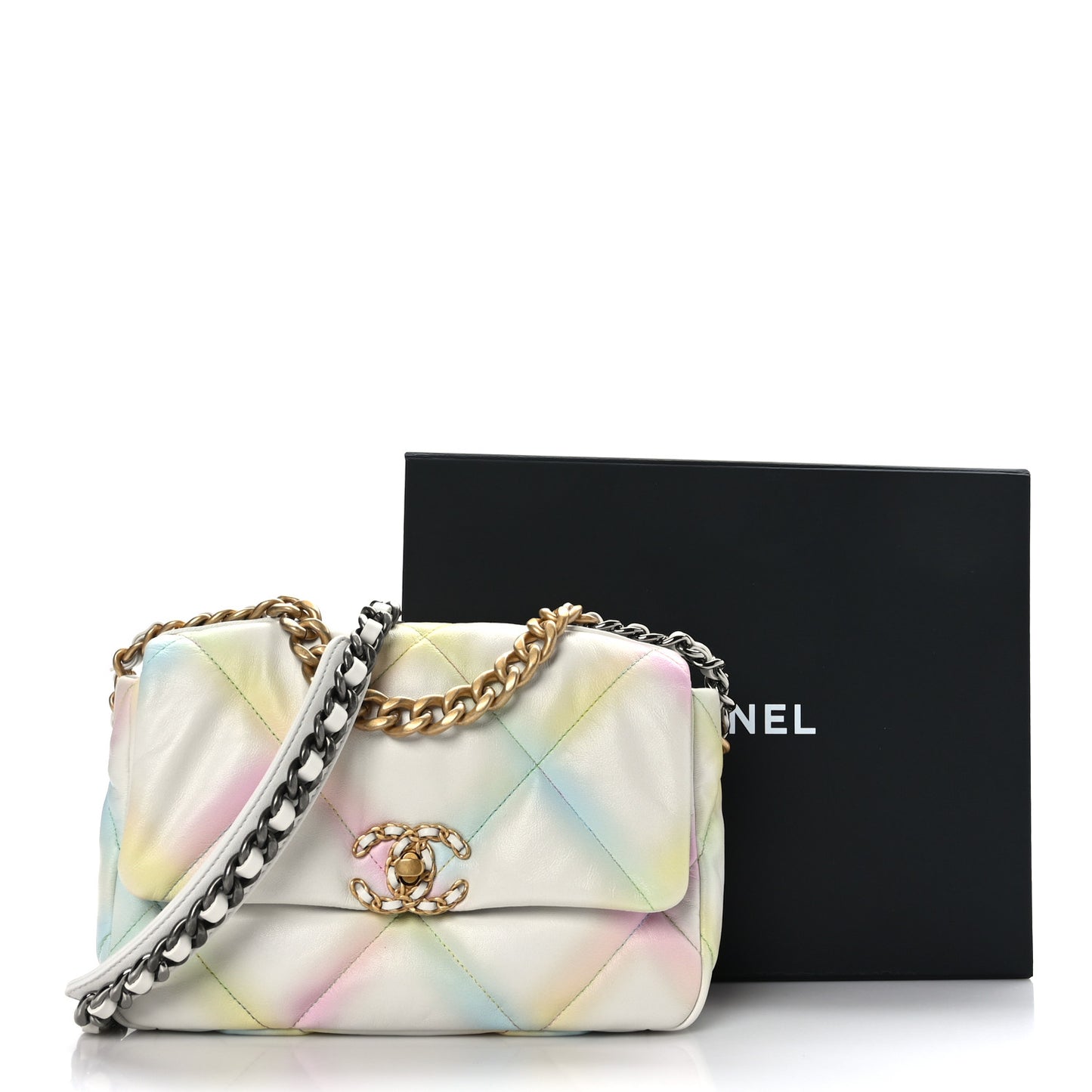 Printed Goatskin Quilted Medium Chanel 19 Flap White Multicolor
