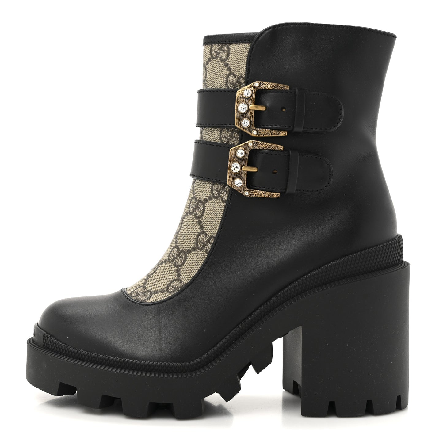 Kensington Calfskin Nappa GG Supreme Monogram Womens Double Buckle Ankle Boots 35 Black