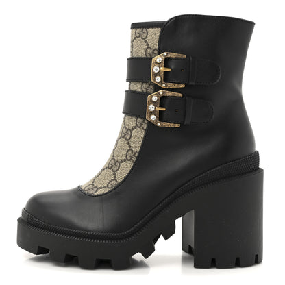 Gucci Kensington Calfskin Nappa GG Supreme Monogram Womens Double Buckle Ankle Boots 35 Black 1 of 10