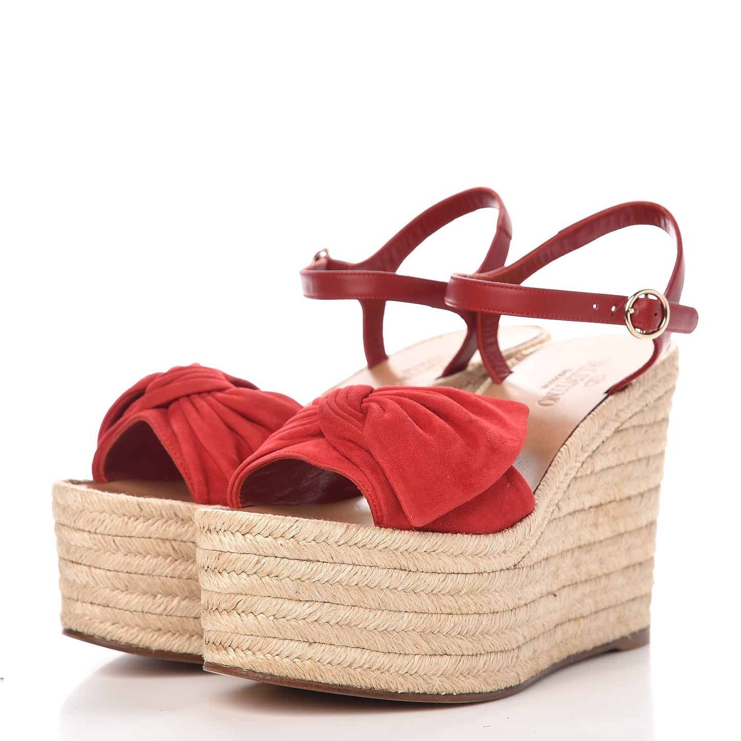 Suede Calfskin Tropical Bow Espadrille Platform Wedge Sandals 37 Red