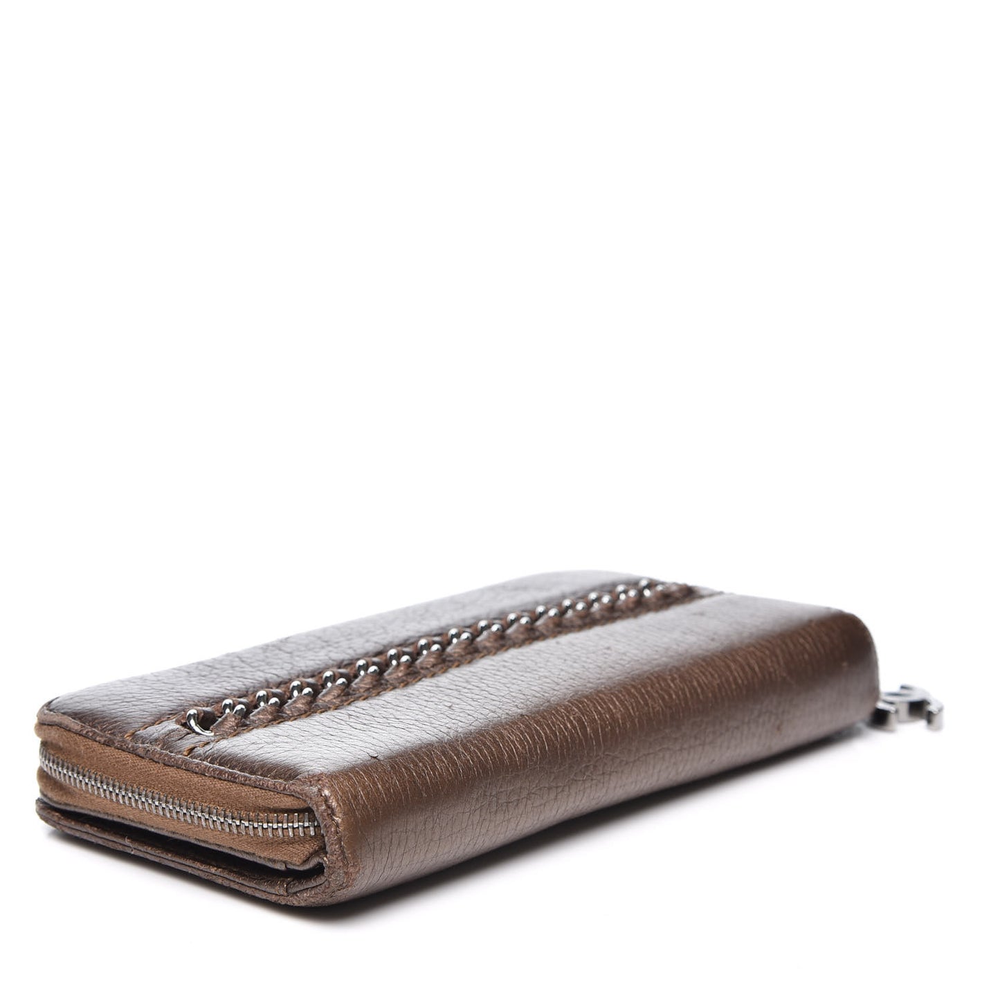 Metallic Calfskin Chain Zip Around Wallet Brown