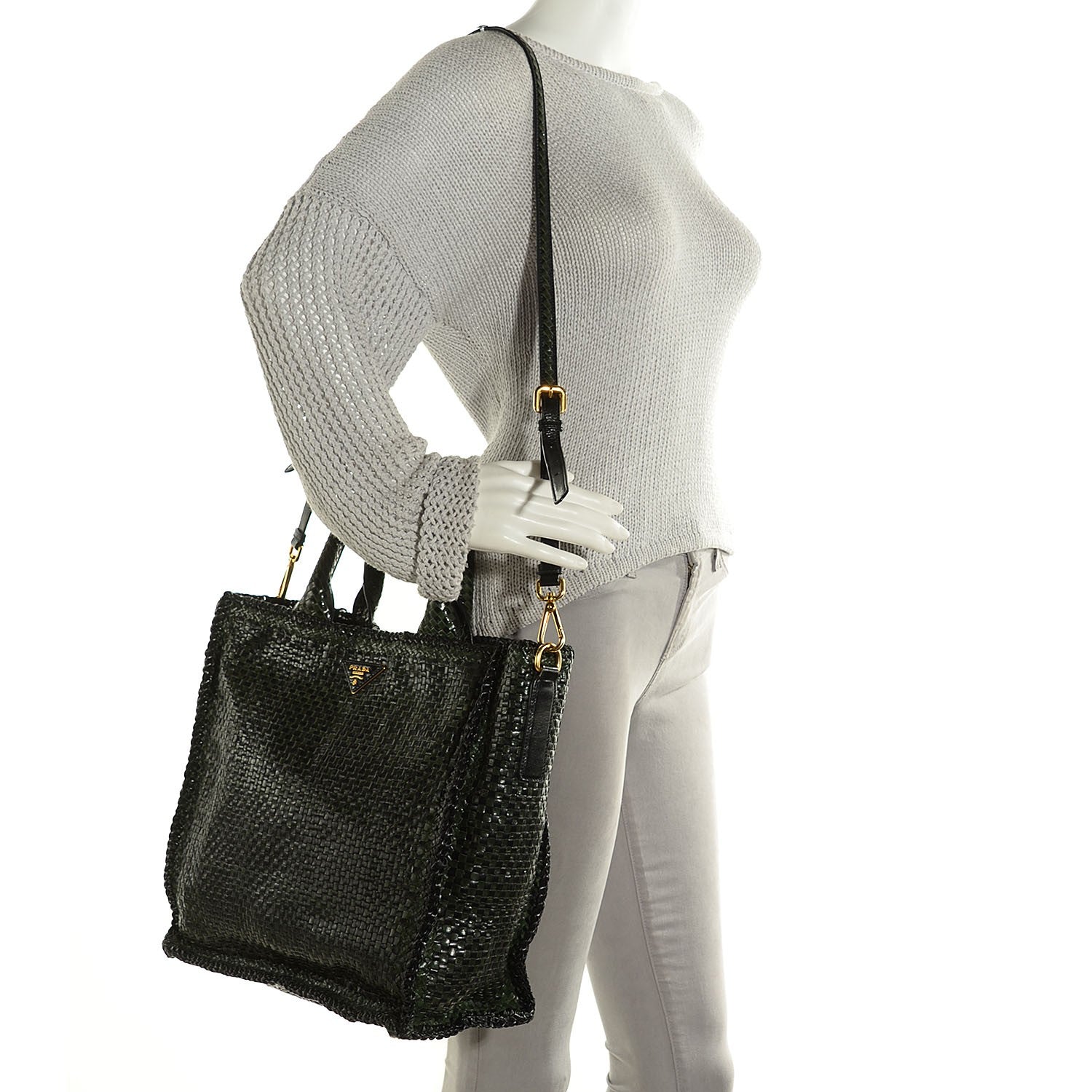 Prada Woven Goatskin Large Madras Tote Green Nero Black 2 of 10