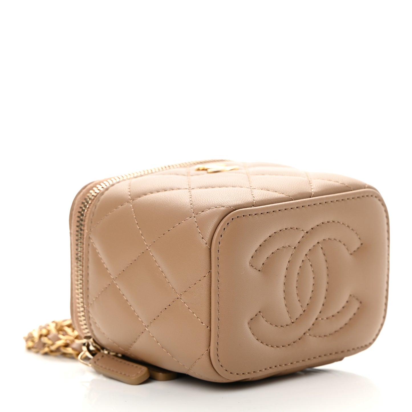 Lambskin Quilted Pearl Crush Mini Vanity Case With Chain Beige