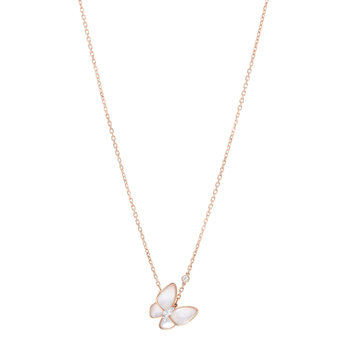 18K Rose Gold Diamond Mother of Pearl Two Butterfly Pendant Necklace