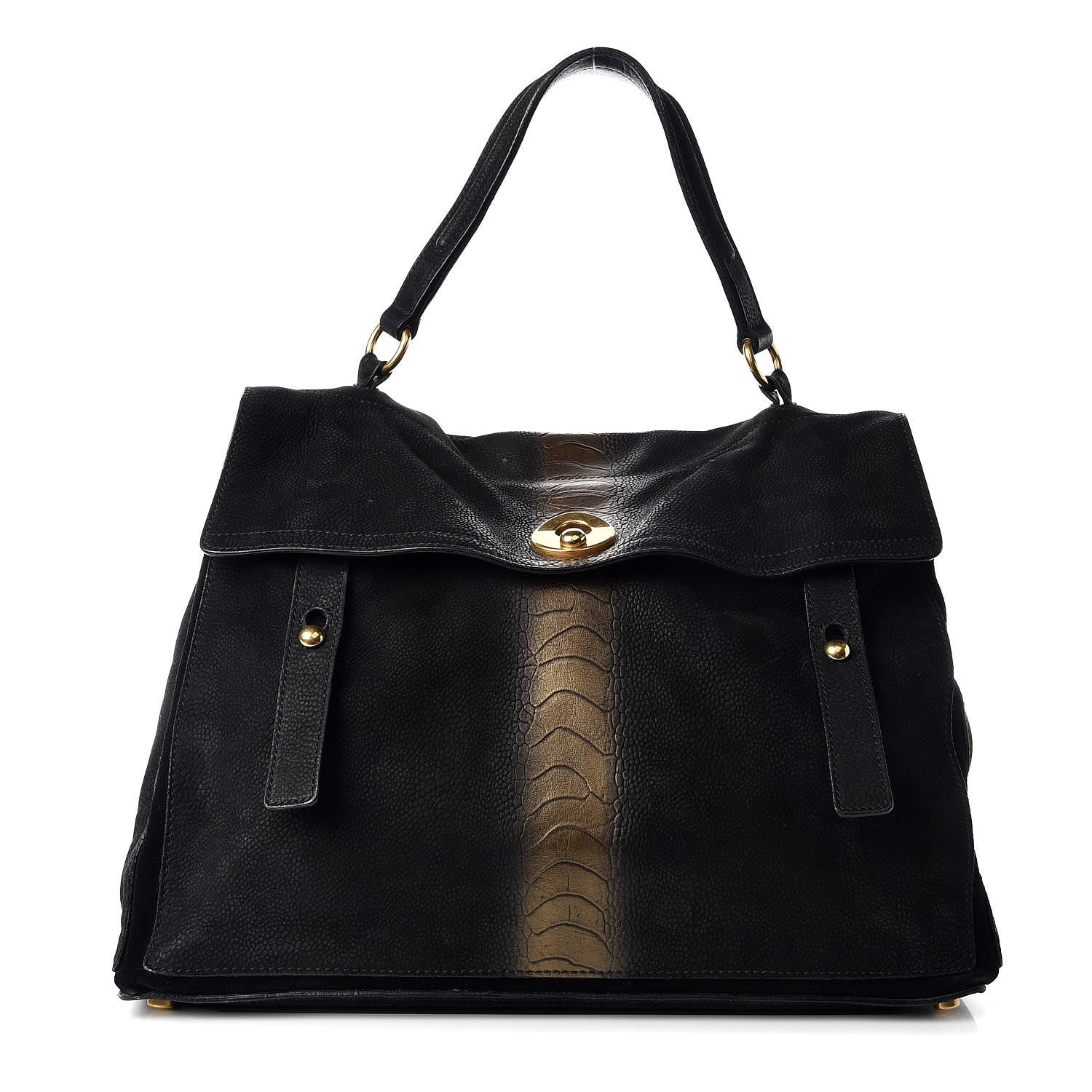 Saint Laurent Nubuck Croc Embossed Large Muse Two Black Gold 1 of 8