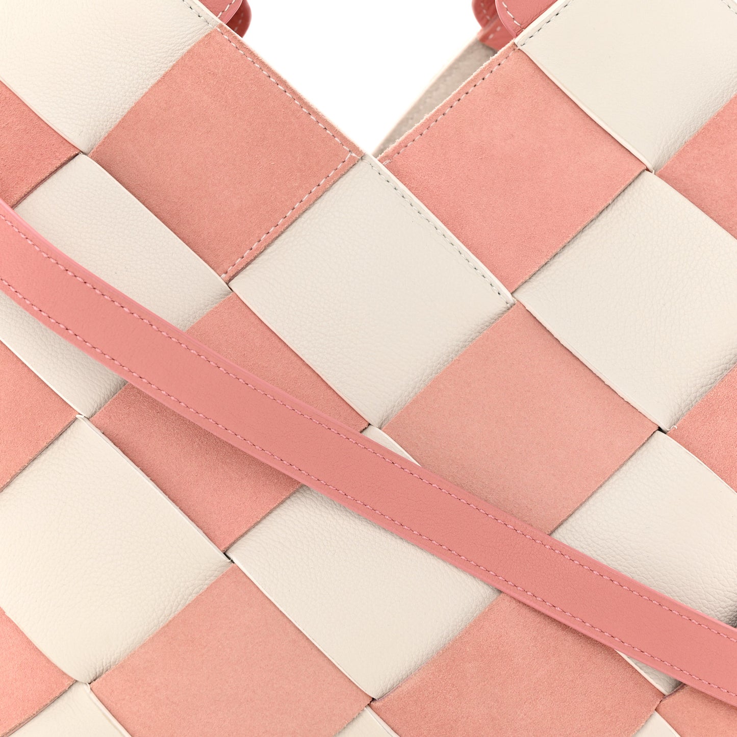 Calfskin Suede Gingham Woven Basket Bag Soft Pink White