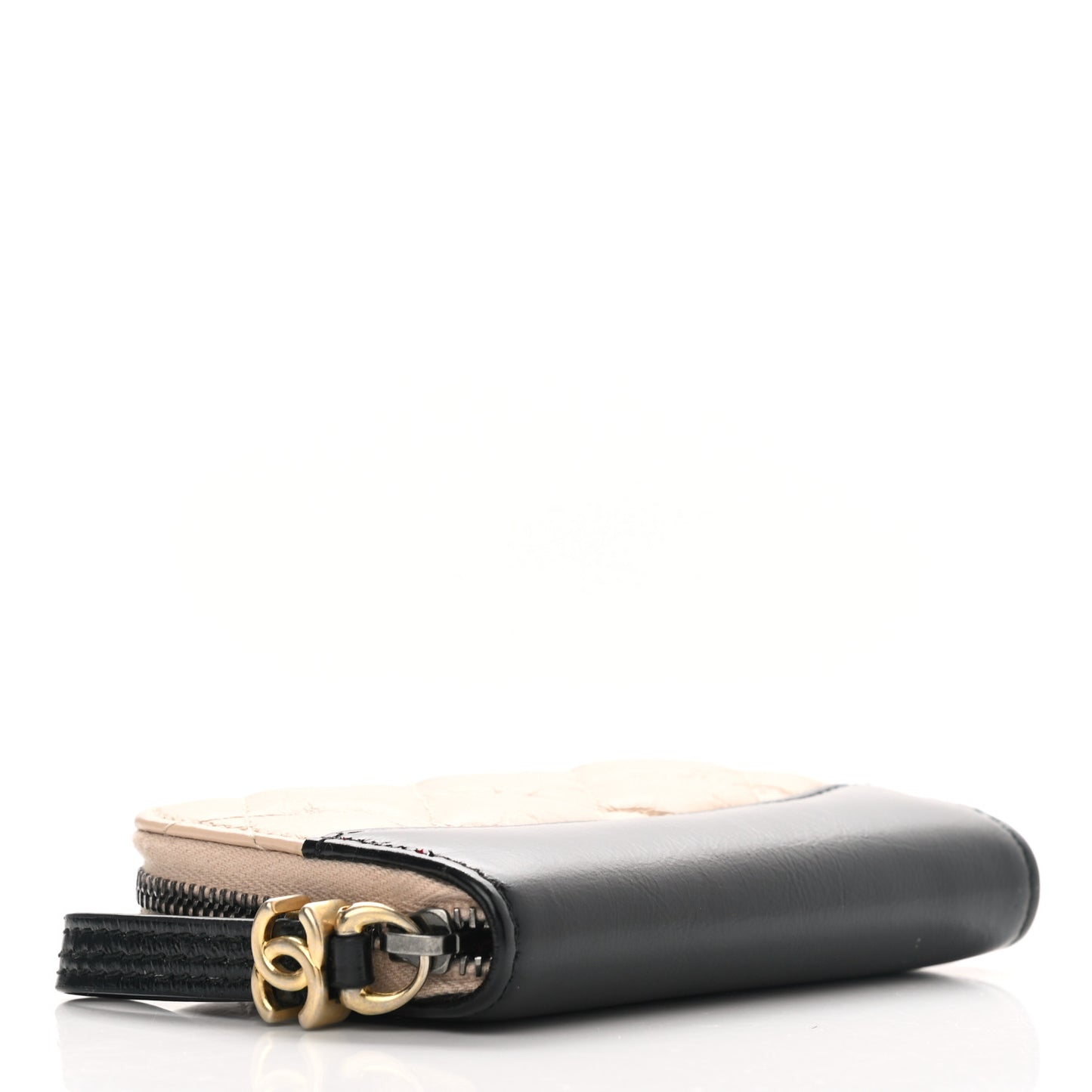 Aged Calfskin Quilted Gabrielle Zip Around Coin Purse Wallet Beige Black