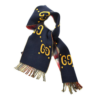Gucci Wool GG Monogram Plaid Tartan Free Scarf Navy Red 1 of 4