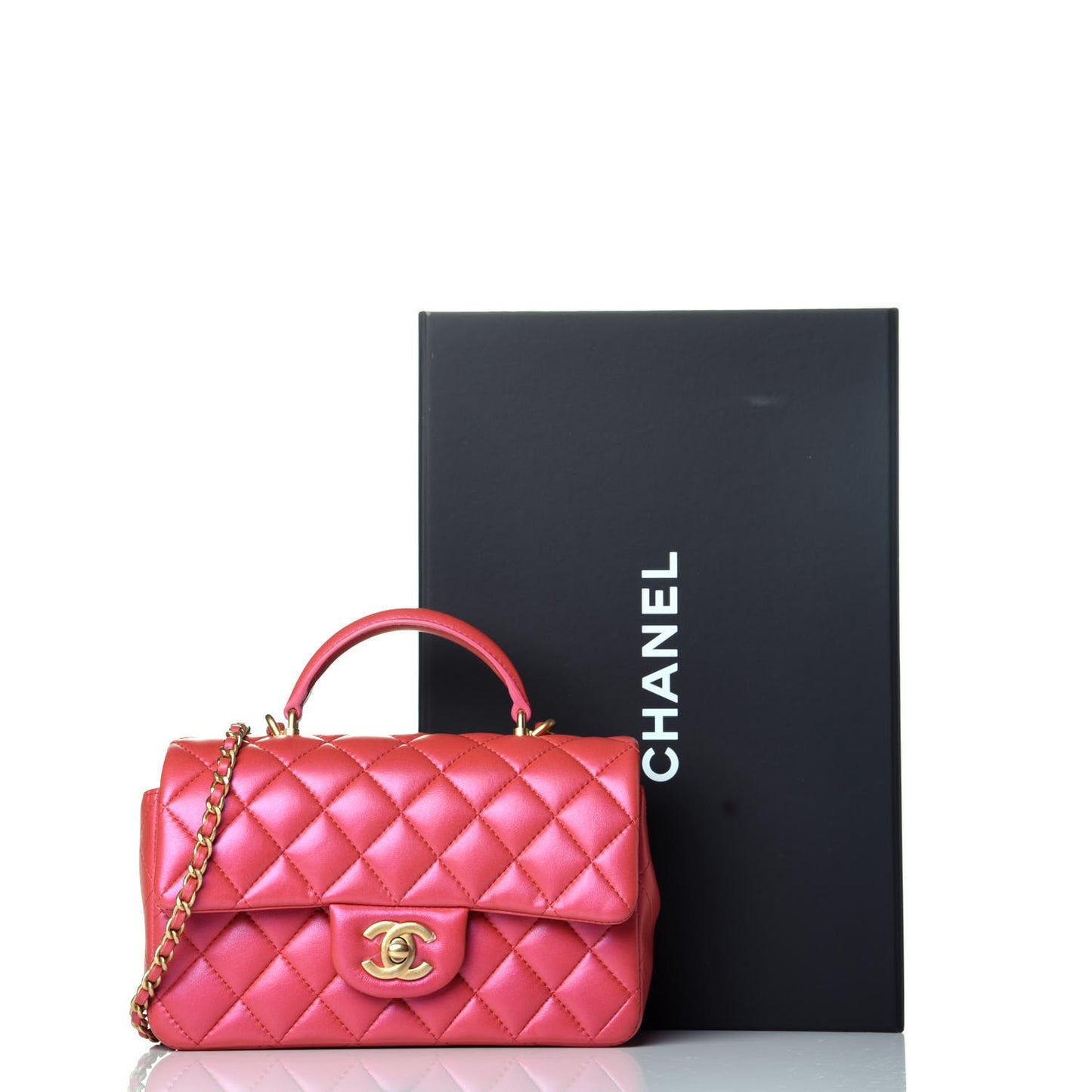 Iridescent Lambskin Quilted Mini Top Handle Rectangular Flap Red