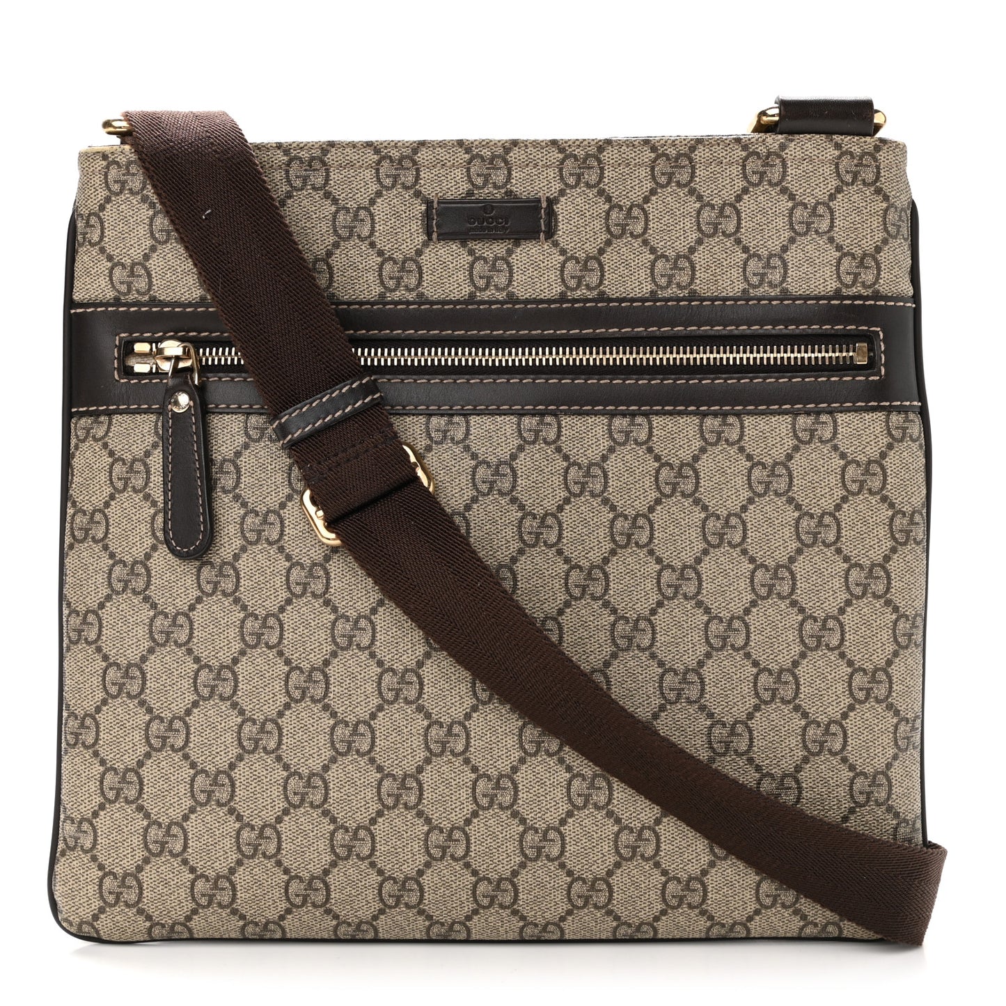 GG Supreme Monogram Selleria Calfskin Small Flat Side Zip Messenger Bag Beige Ebony Cocoa Dark Chocolate