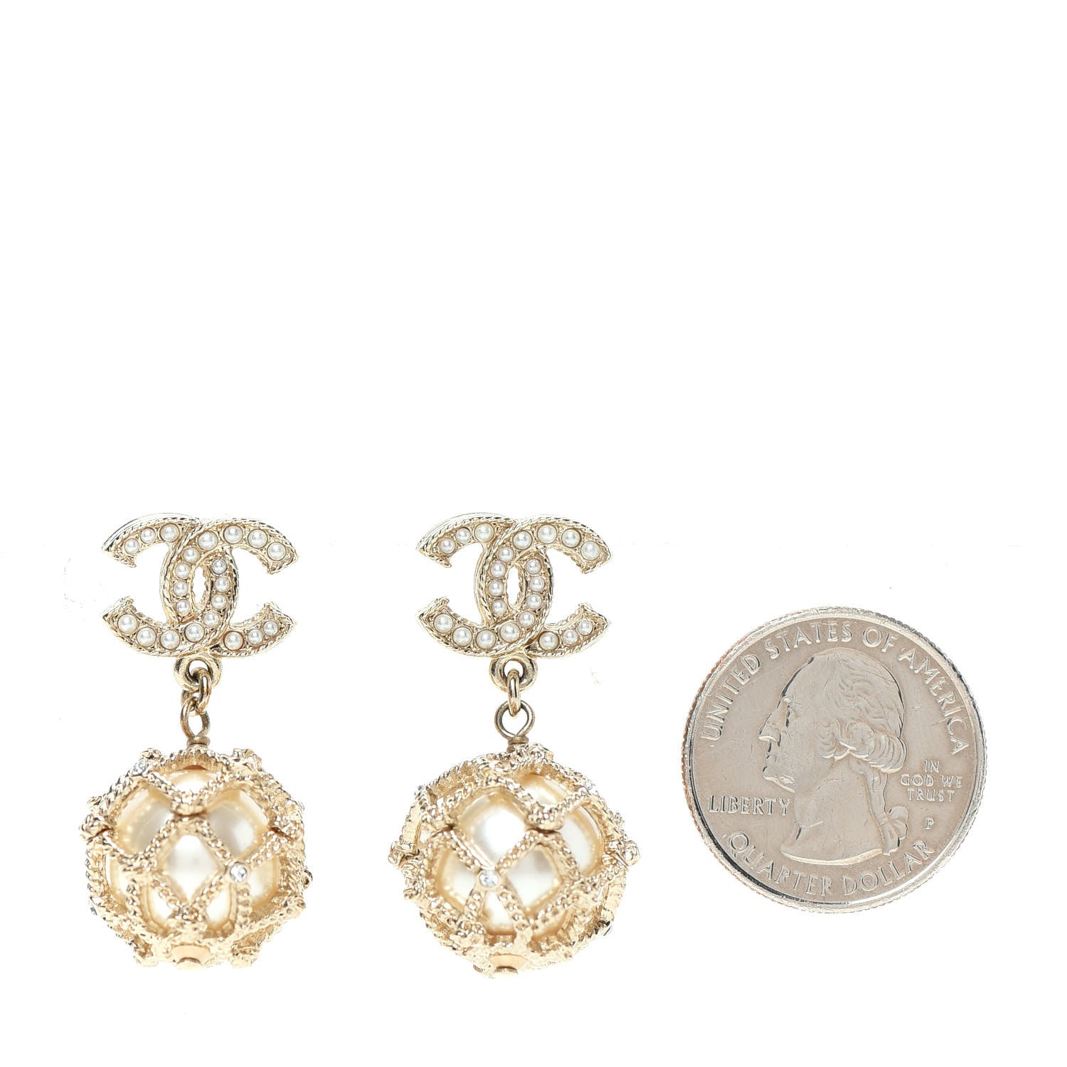 Chanel Crystal Pearl CC Drop Earrings Gold Pearly White 2 of 6