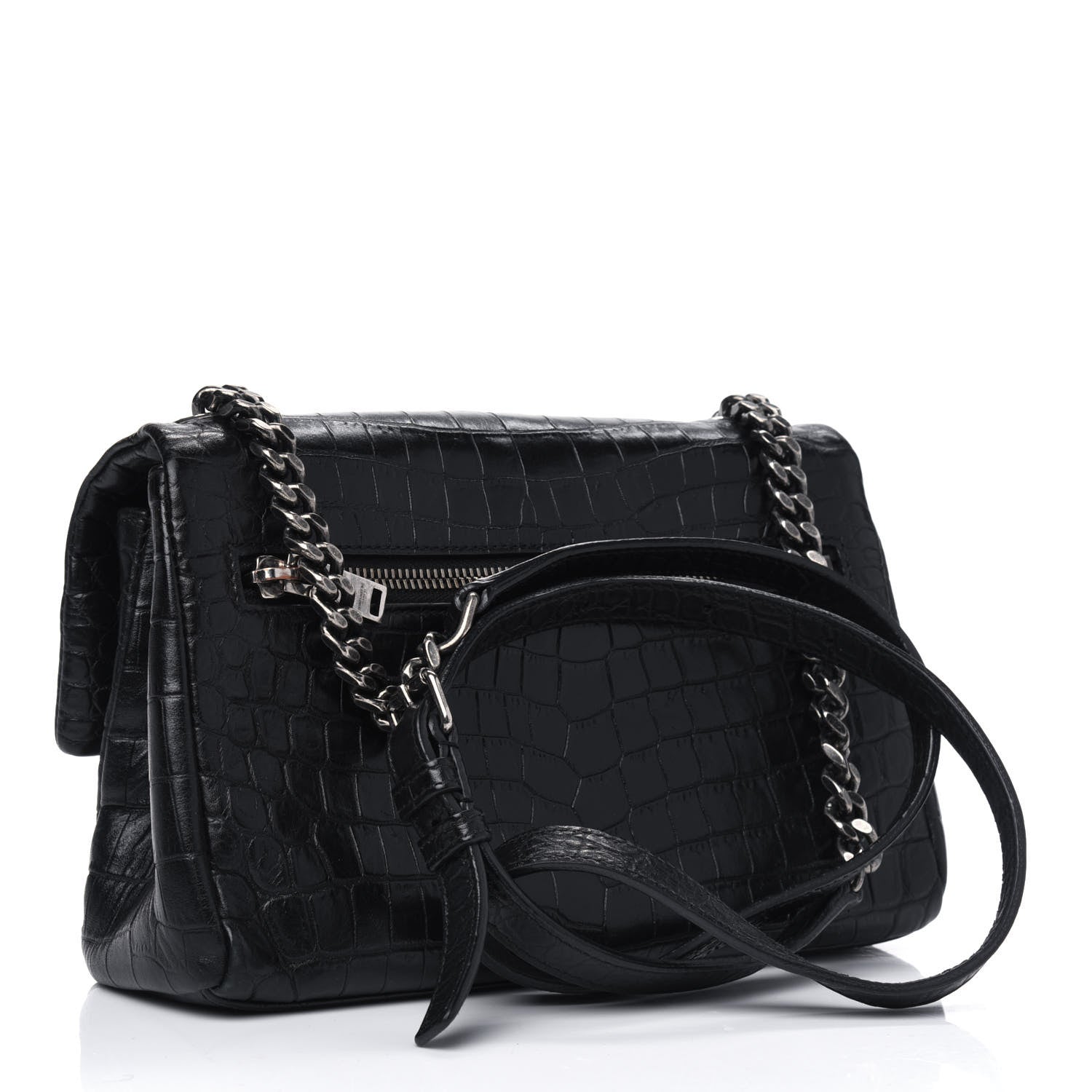 Saint Laurent Calfskin Crocodile Embossed Small West Hollywood Monogram Fold-Over Bag Black 2 of 7