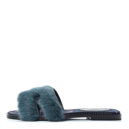 Hermes Mink Fur Oran Sandals 36 Bleu Paon 1 of 11