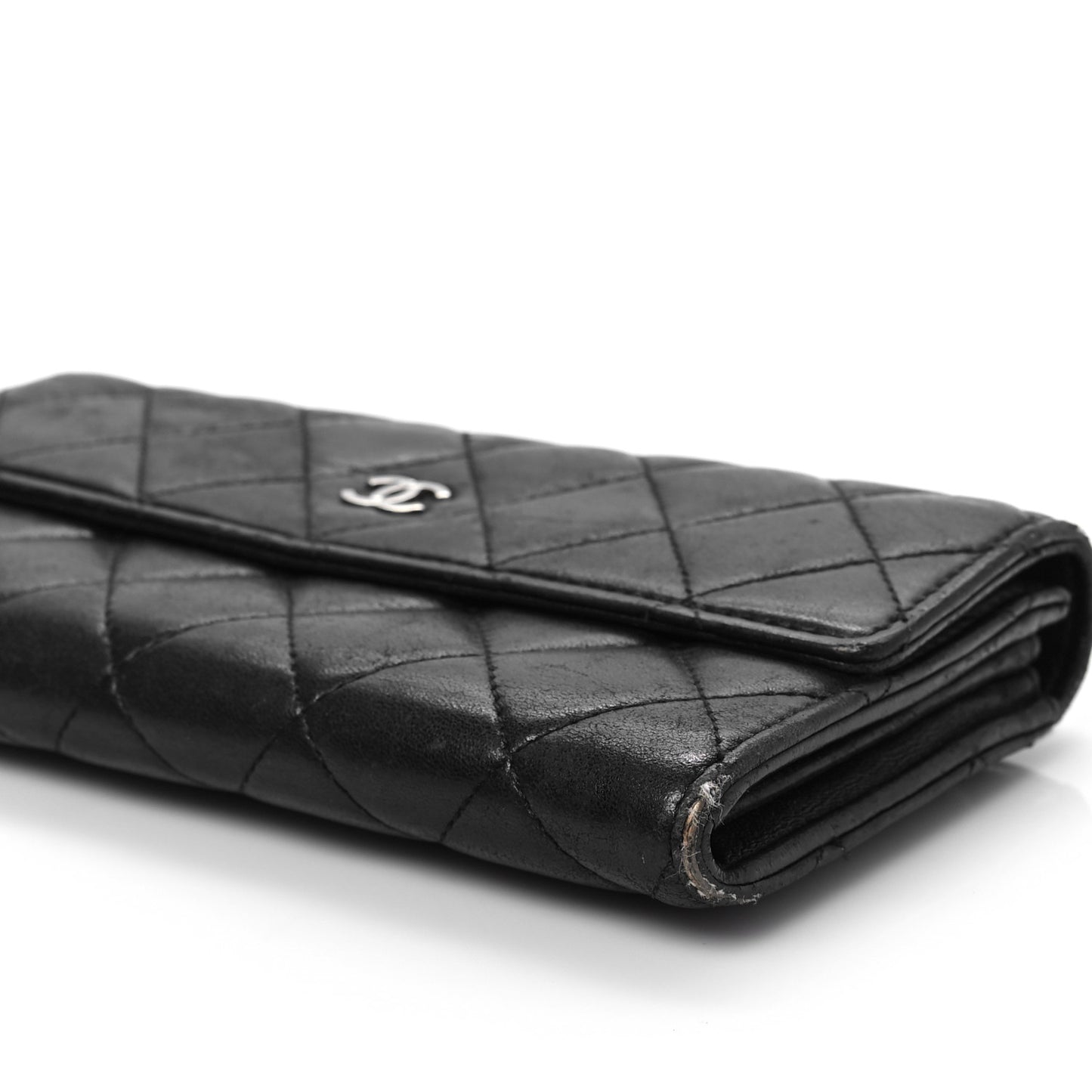 Lambskin Quilted Large Gusset Flap Wallet Black