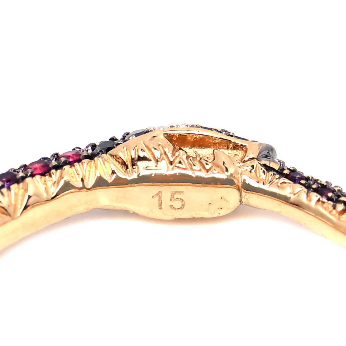 18K Yellow Gold Black Diamond Topaz Sapphire Ouroboros Snake Ring 55 7.25