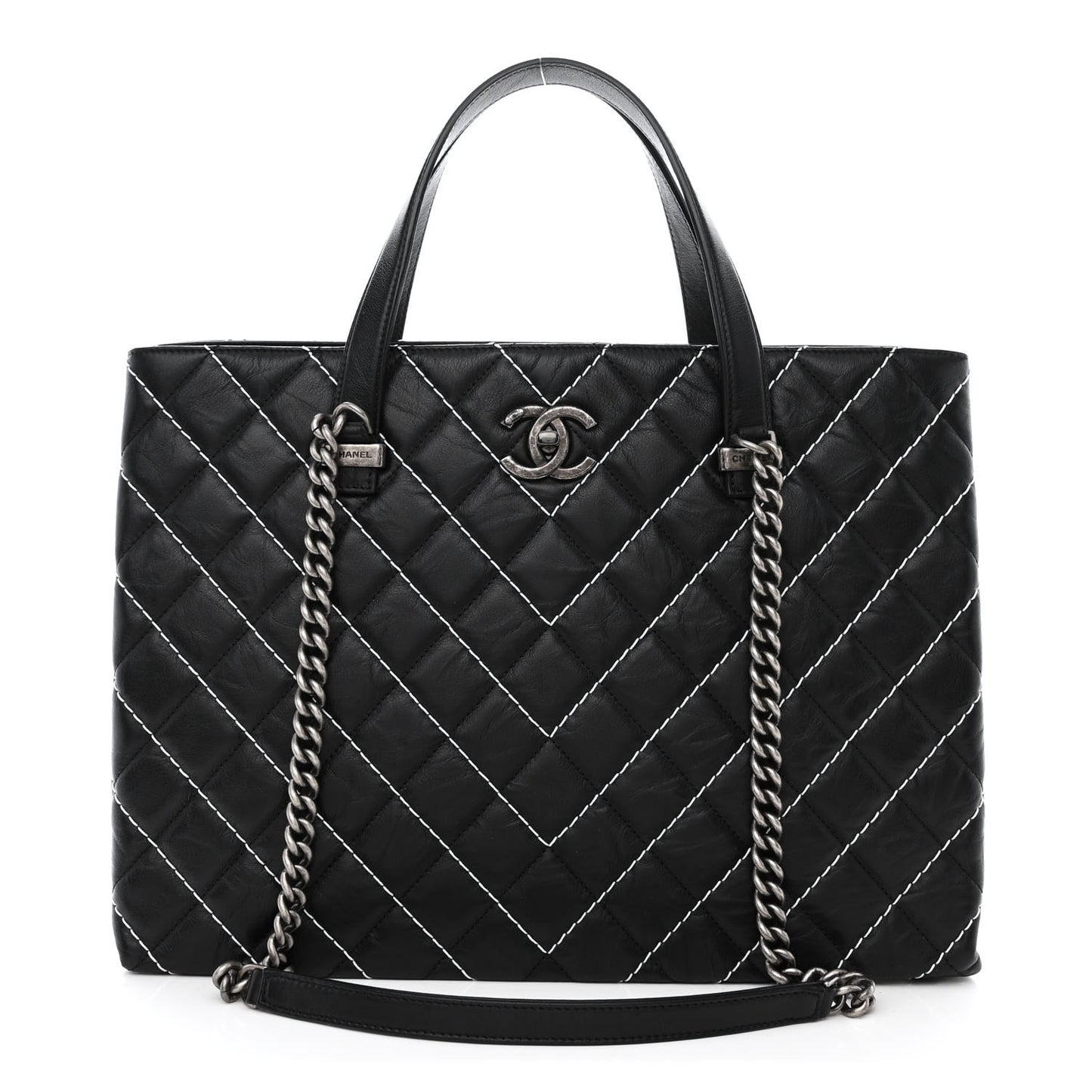 Calfskin Chevron Stitched Shopping Tote Black