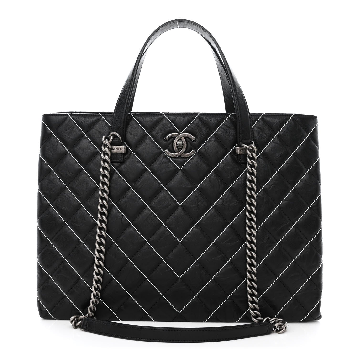 Chanel Calfskin Chevron Stitched Shopping Tote Black 1 of 10