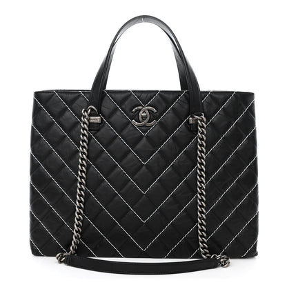 Chanel Calfskin Chevron Stitched Shopping Tote Black 1 of 10